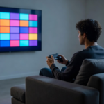 Un joueur sur son canapé devant un écran affichant un catalogue de jeux numériques