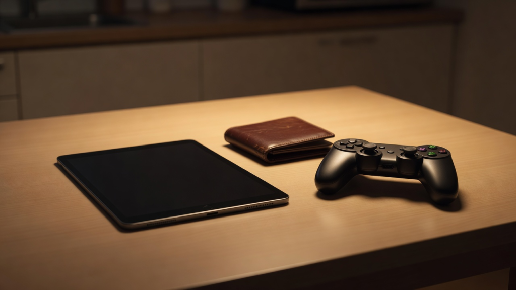 Tablette éteinte, portefeuille fermé et manette sur une table de cuisine le soir.
