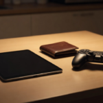 Tablette éteinte, portefeuille fermé et manette sur une table de cuisine le soir.