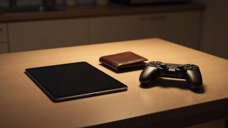 Tablette éteinte, portefeuille fermé et manette sur une table de cuisine le soir.
