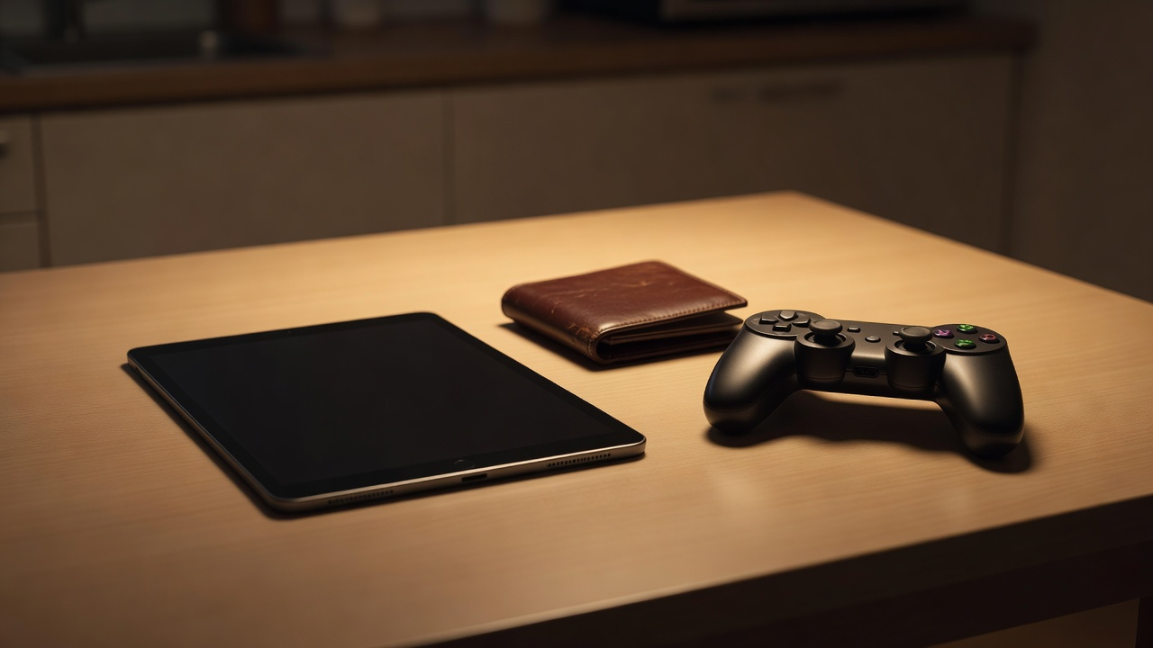 Tablette éteinte, portefeuille fermé et manette sur une table de cuisine le soir.