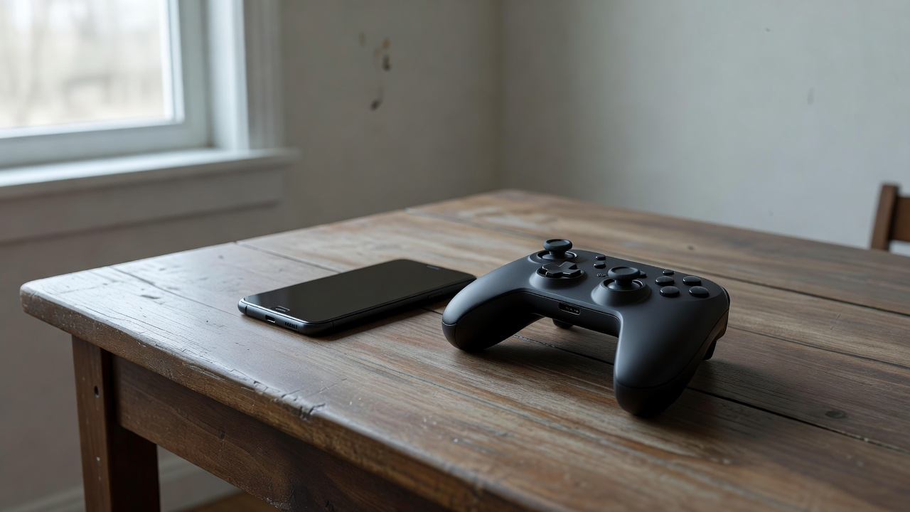 Téléphone éteint et manette sans étiquette, sur un bureau près d'une fenêtre.