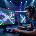 Joueurs professionnels alignés derrière leurs écrans pendant une compétition esport