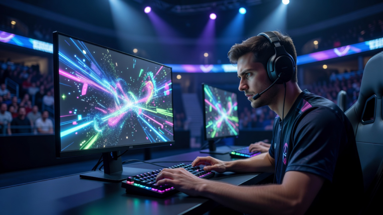 Joueurs professionnels alignés derrière leurs écrans pendant une compétition esport