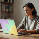 Indépendant au travail sur un ordinateur portable, assistant d'IA générative ouvert à l'écran.