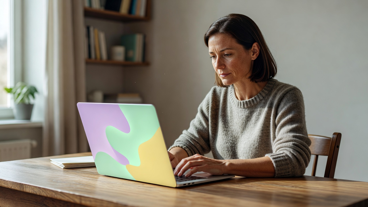 Indépendant au travail sur un ordinateur portable, assistant d'IA générative ouvert à l'écran.