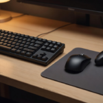 Un clavier, une souris de jeu et une manette posés côte à côte sur un bureau éclairé doucement la soirée