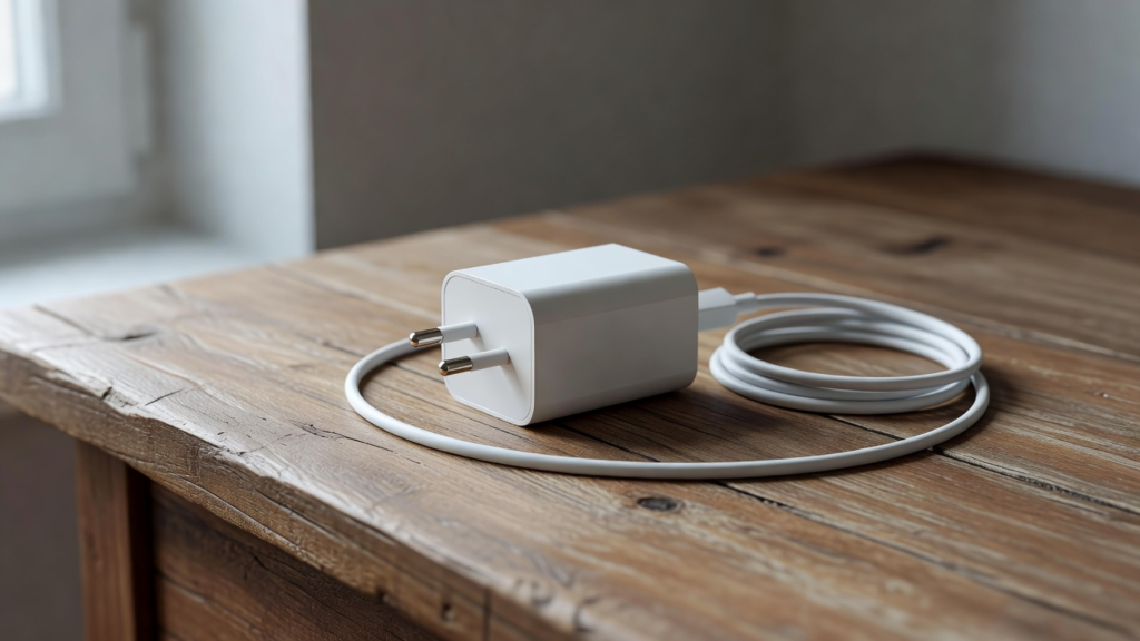 Chargeur blanc débranché sur un bureau, prises rondes, sans marque.
