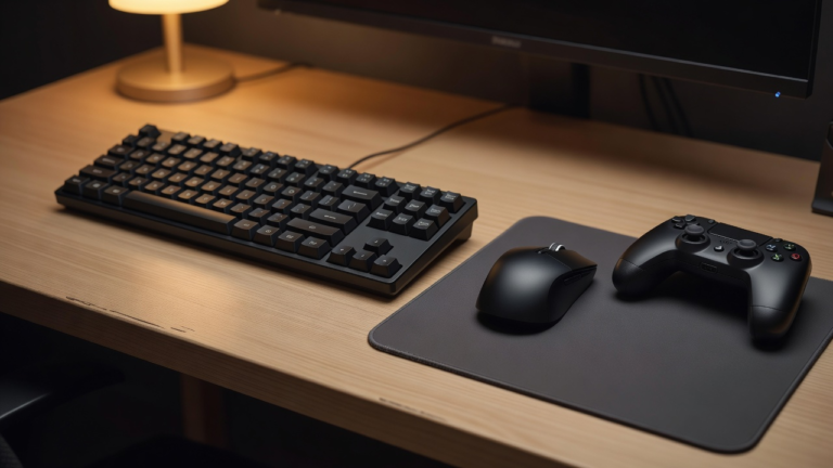 Un clavier, une souris de jeu et une manette posés côte à côte sur un bureau éclairé doucement la soirée