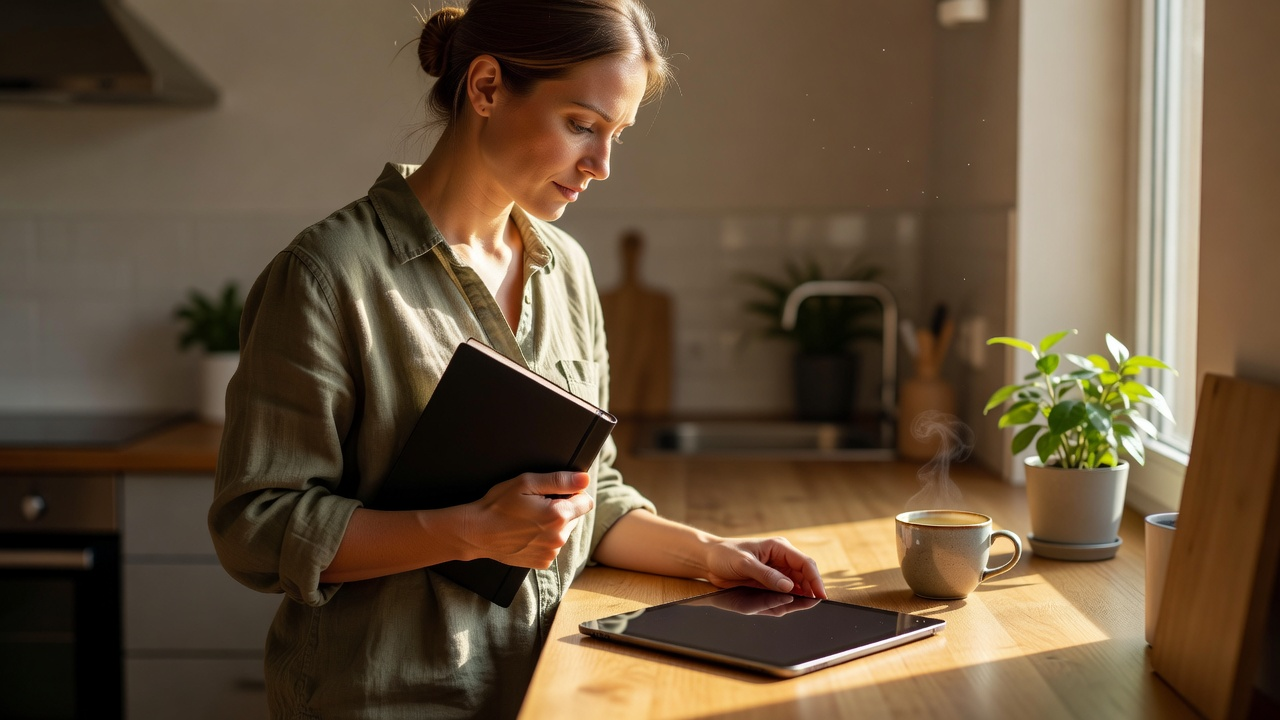 Bureau d'indépendant avec documents, écran et notes de relecture à côté d'un outil d'IA.