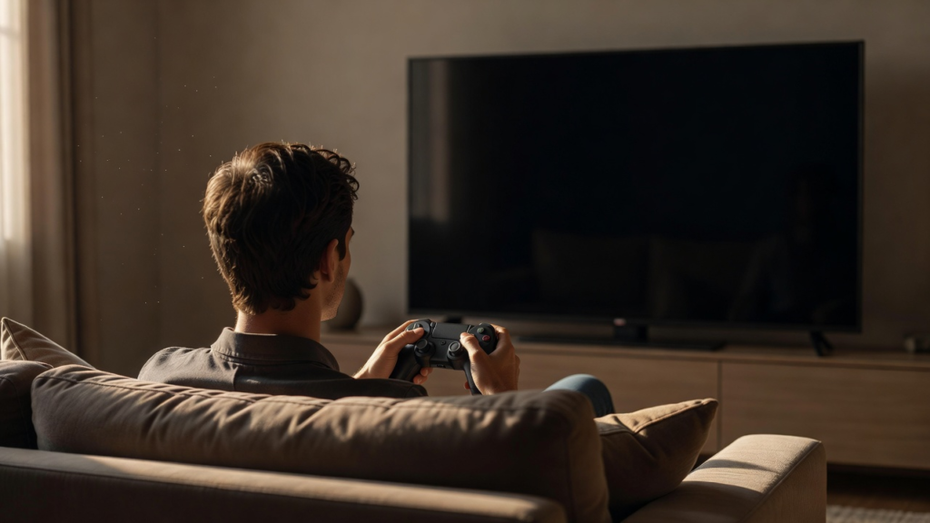 Une personne joue avec une manette au canapé, à distance d'une TV éclairée doucement