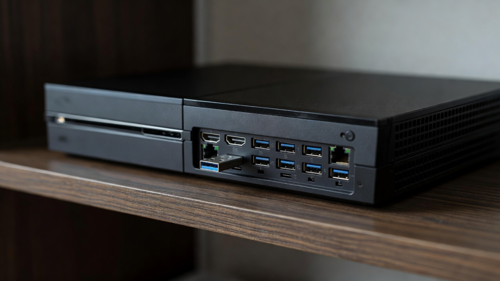 Console générique vue de dos, clé USB branchée, écran éteint, sans marque.
