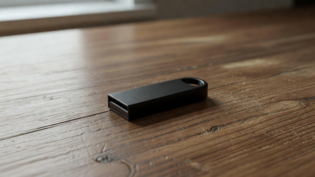Clé USB noire sans inscription, posée sur une table en bois.