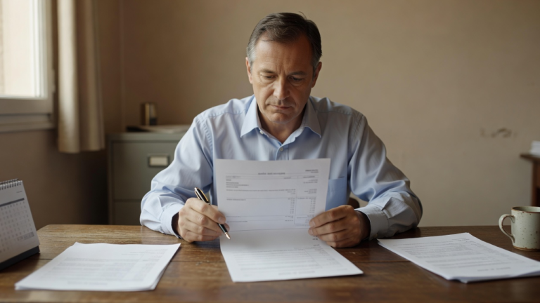 Documents de fin de contrat et dossier salarial posés sur un bureau, prêts pour vérifier un solde de tout compte