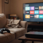 Salon chaleureux en fin de journée avec une manette posée sur le canapé devant une télévision affichant une bibliothèque de jeux