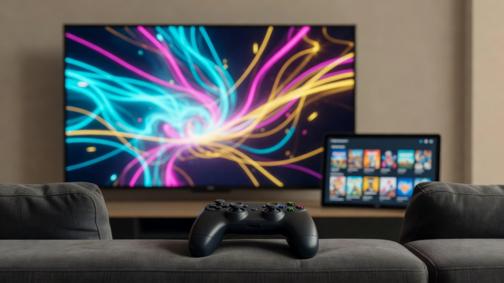 Trois usages d'abonnements de jeux côte à côte: manette sur canapé, écran de télévision et bibliothèque numérique
