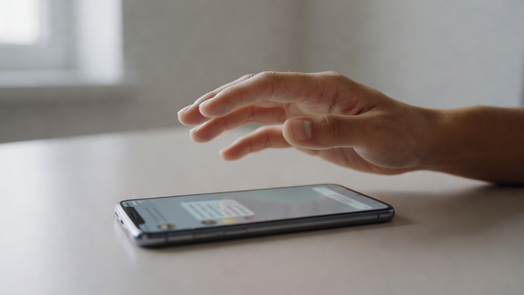 Main d'un joueur au-dessus d'un smartphone affichant un message de type faux cadeau non sollicité